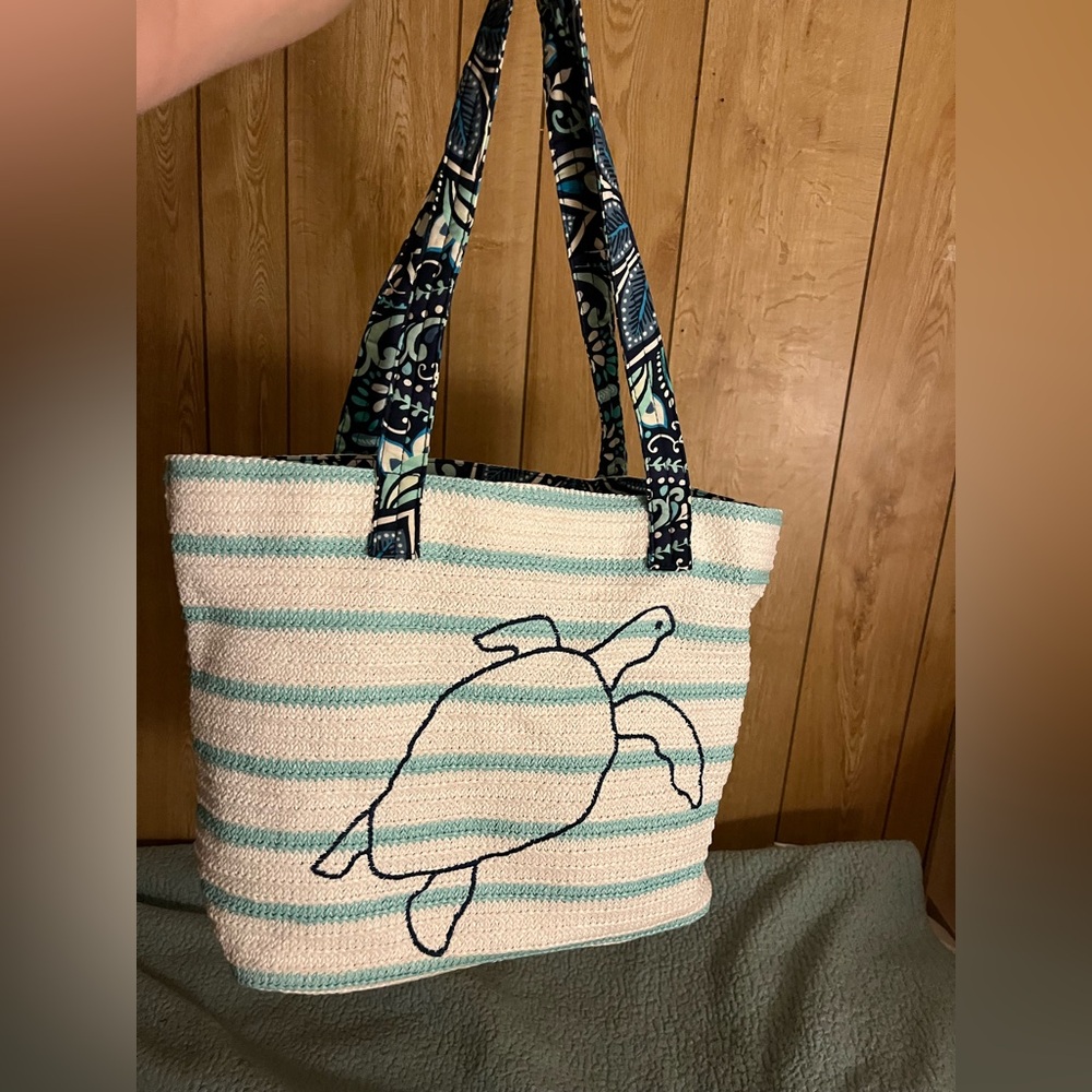 Vera Bradley Aqua and Cream Tote with Turtle Design